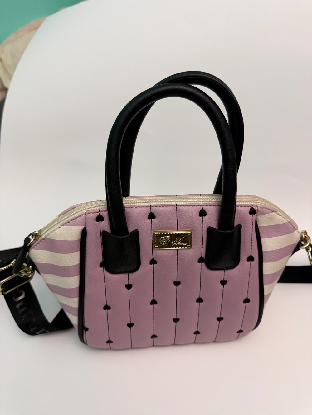 Pink Heart-Print Dome Satchel with Black Handles